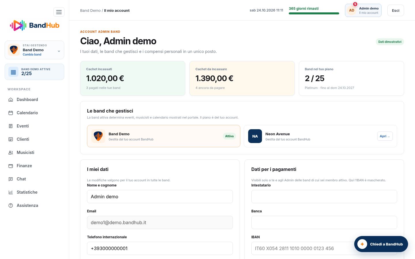 Profilo Admin BandHub con due band gestite, cachet personali e switch tra band