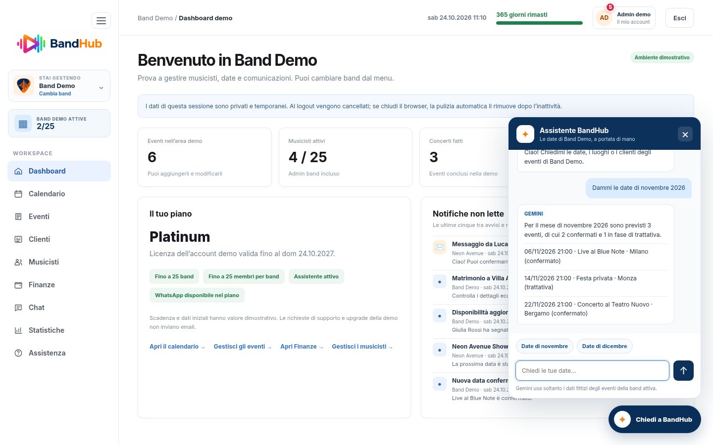 Assistente Gemini della demo BandHub aperto: risposta alle date di novembre e tre eventi elencati dal calendario