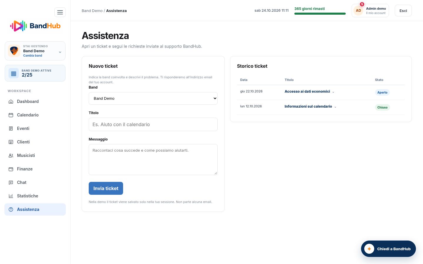 Pagina Assistenza della demo con nuovo ticket e storico delle richieste, data, titolo e stato