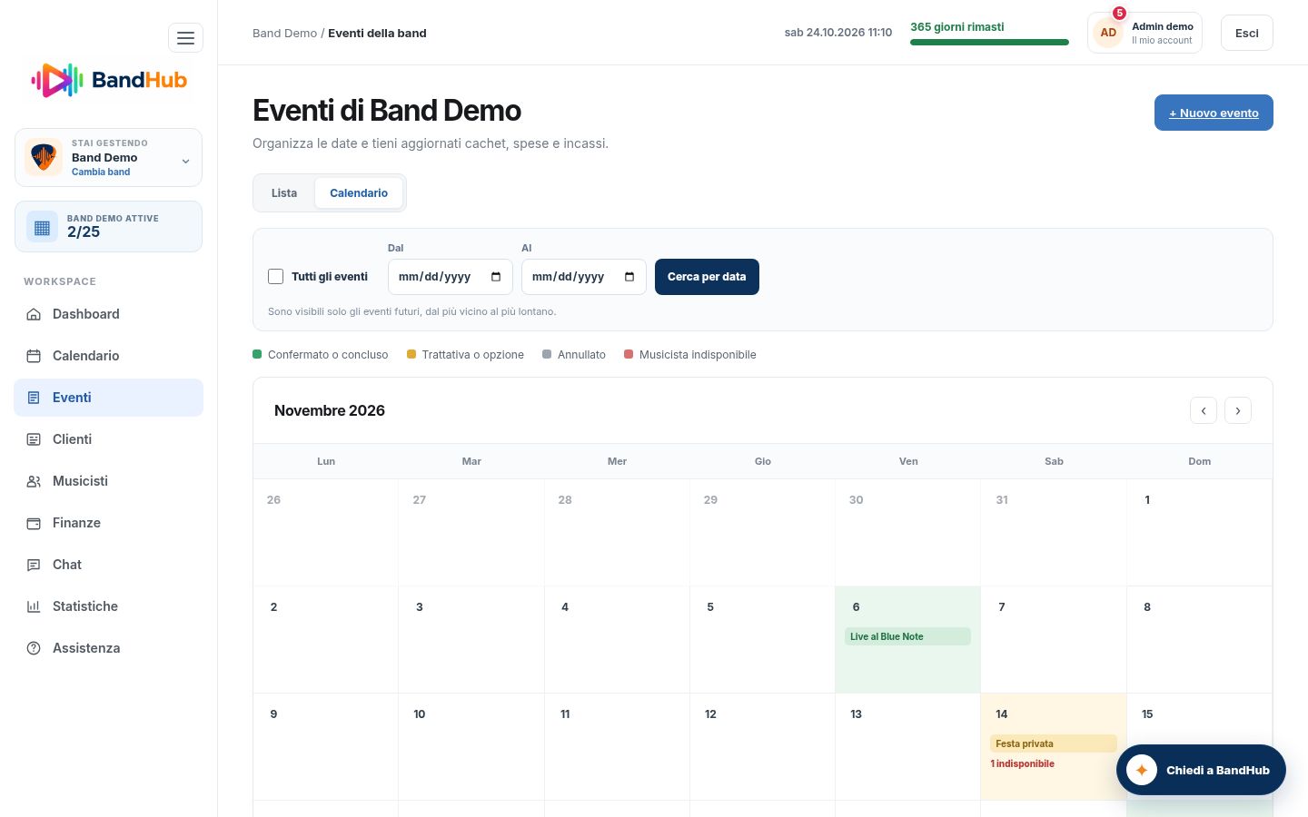Calendario della demo BandHub: date confermate in verde, una trattativa in giallo e un’indisponibilità segnalata