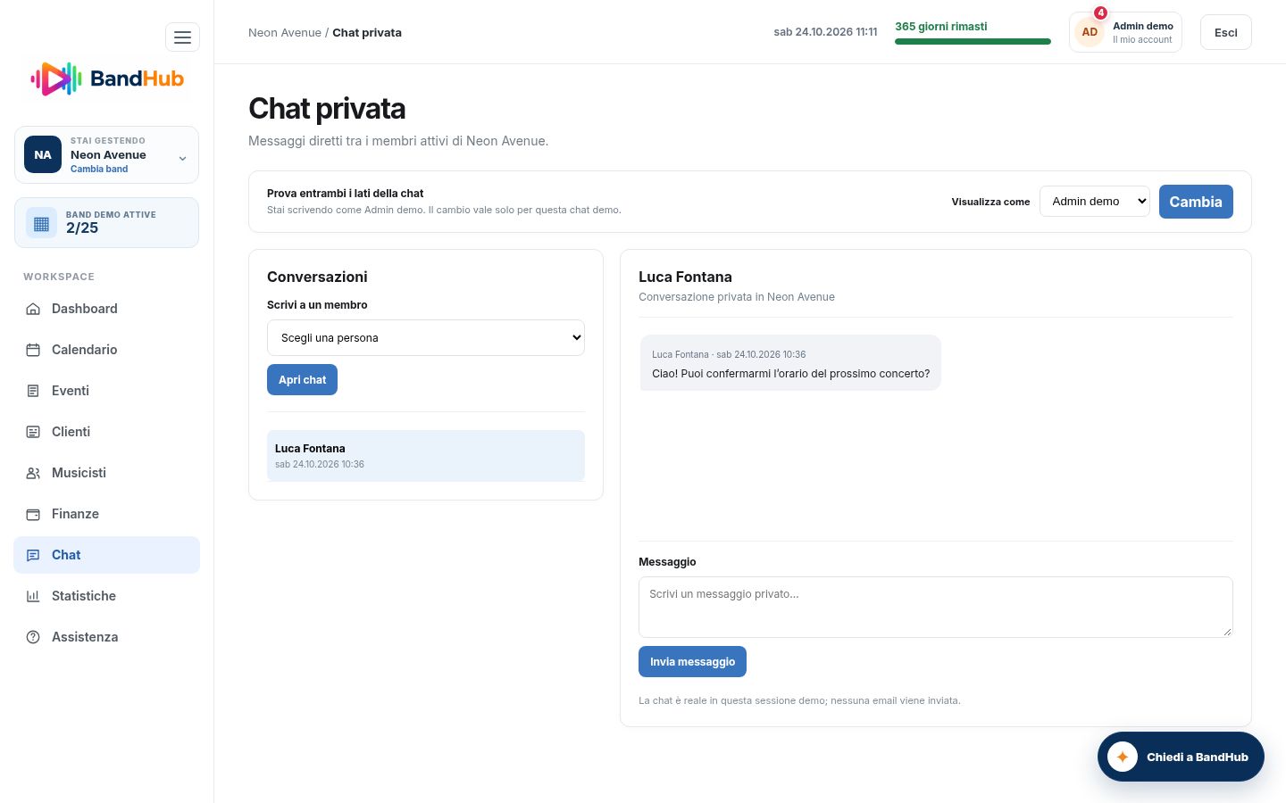 Chat privata della demo con conversazione tra Admin demo e musicista