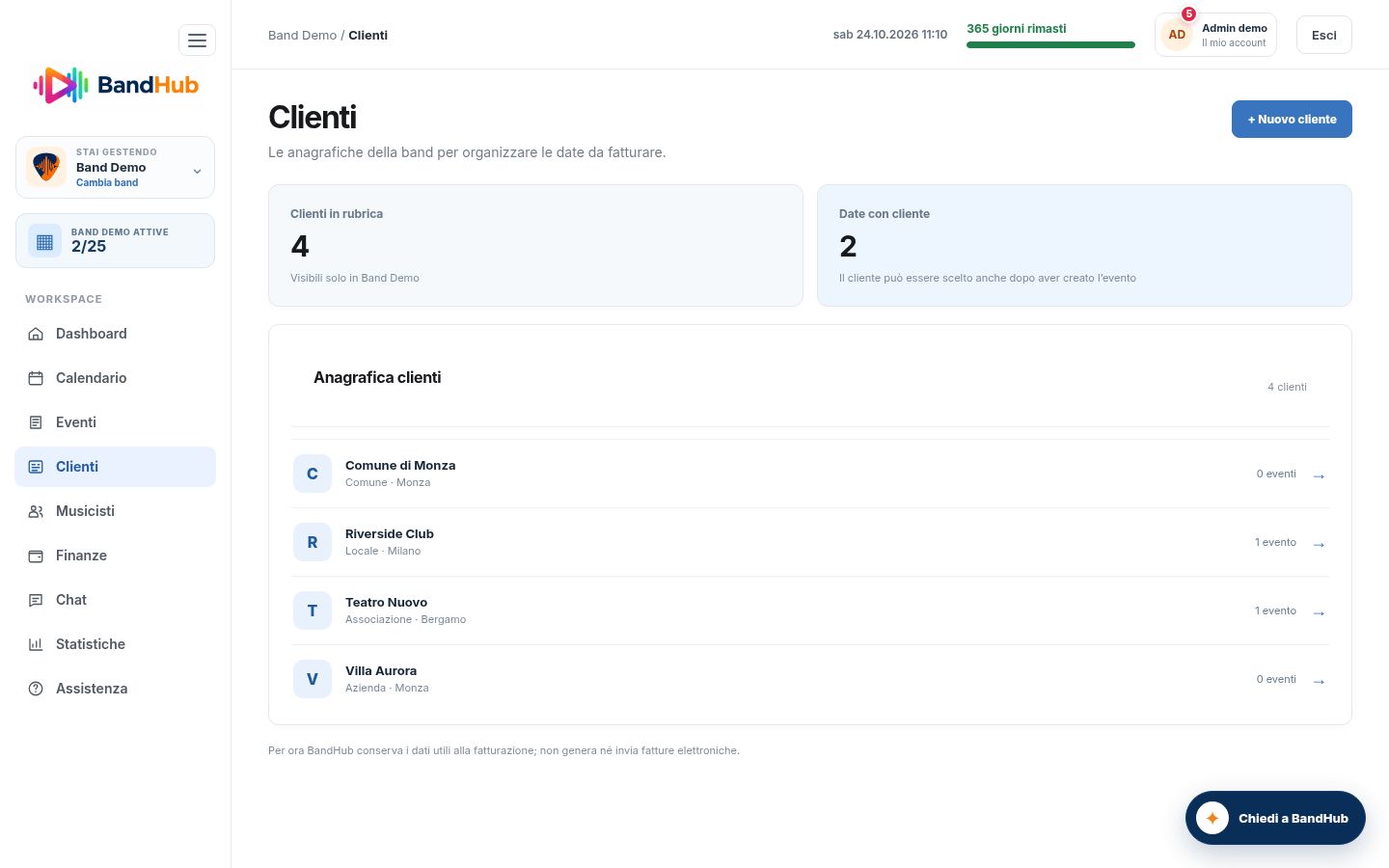 Anagrafica clienti della demo BandHub con ricerca e tipologie dei clienti