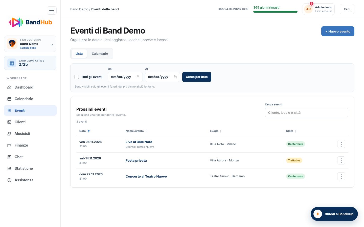 Elenco eventi futuri della demo BandHub, ordinati per data, con filtri, ricerca e menu delle azioni