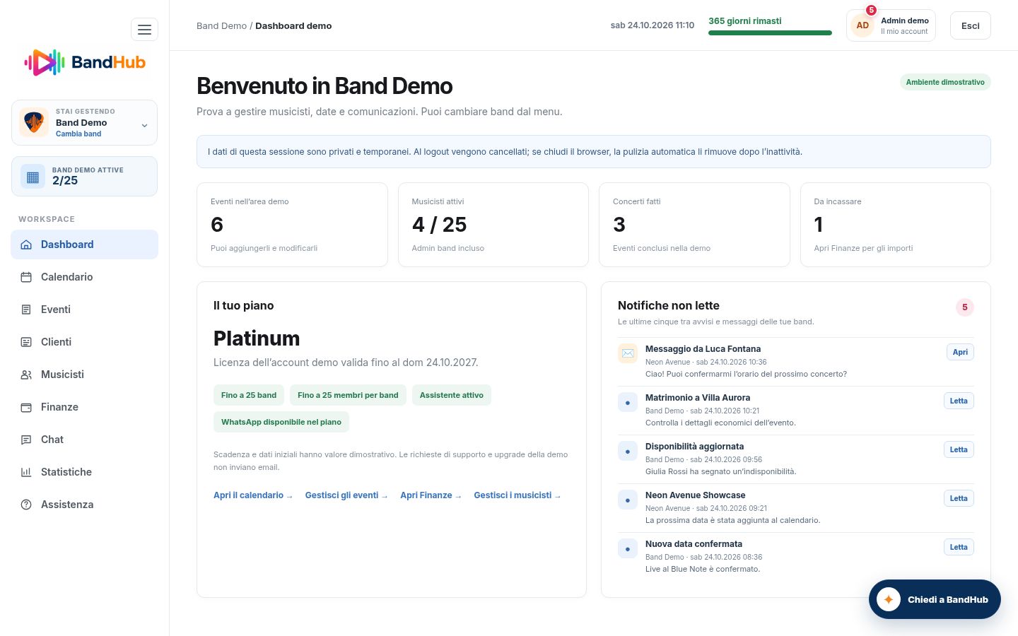 Dashboard aggiornata della demo BandHub con piano Platinum, cinque notifiche non lette e accesso all’assistente AI